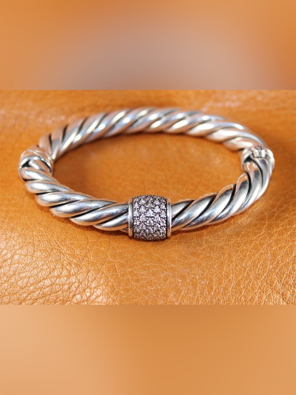 DAVID YURMAN Diamond Metro Cable Bangle Bracelet 9mm Sterling Silver Size 6 3/4"